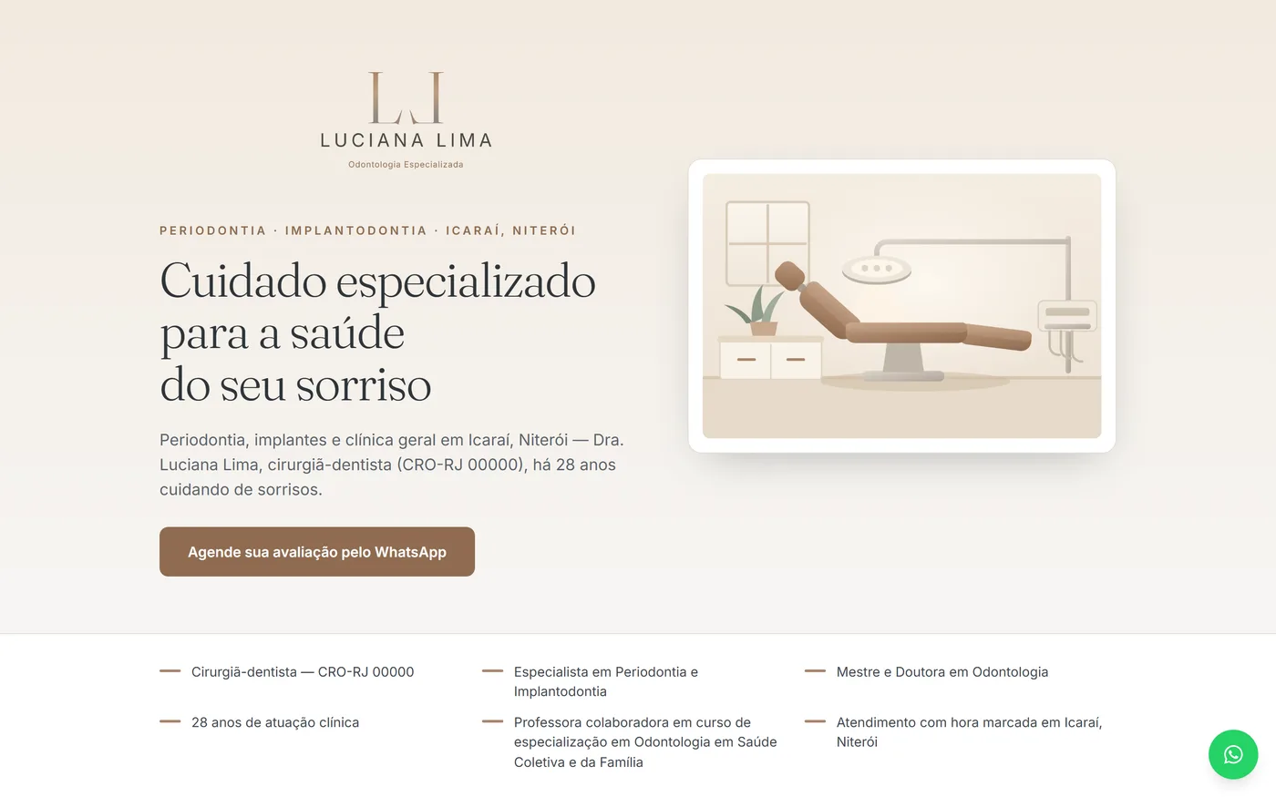 Exemplo de homepage: logotipo em caramelo, título “Cuidado especializado para a saúde do seu sorriso”, ilustração de consultório e botão de agendamento pelo WhatsApp.